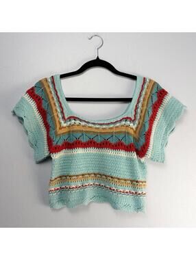 POL “Ocean Crossing” vibrant square neck crochet crop top, Size S